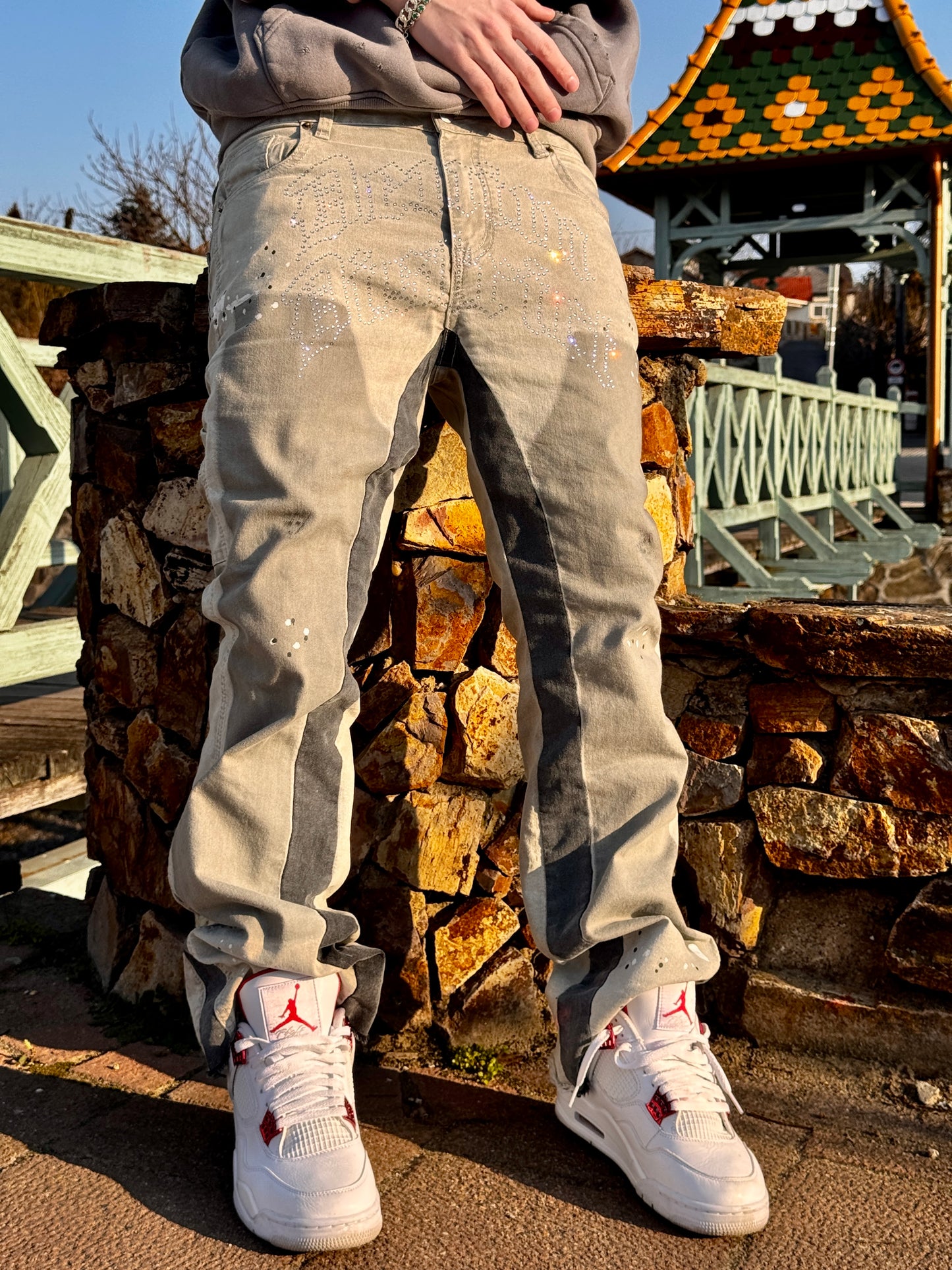 Grey rhinestone denim